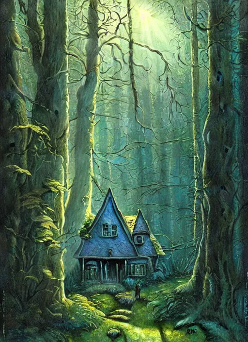 Image similar to hyper realistic witch cottage with mood lighting and technology in the woods gorgeous lighting, sunbeams blue sky, highly detailed, lush forest foliage painting by zdzisław beksinski and norman rockwell and greg rutkowski weta studio, and lucasfilm