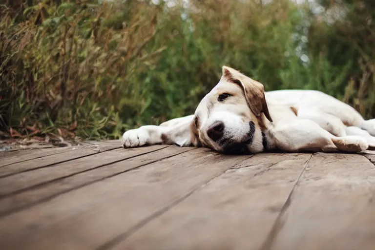 Image similar to old dog lying on a wooden dusty boardwalk