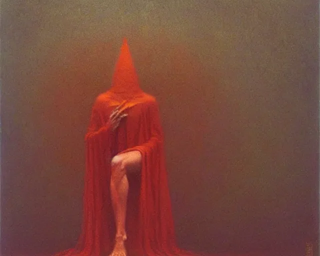 Image similar to by francis bacon, beksinski, mystical redscale photography evocative. devotion to the scarlet woman, priestess in a conical hat, vision quest, insight