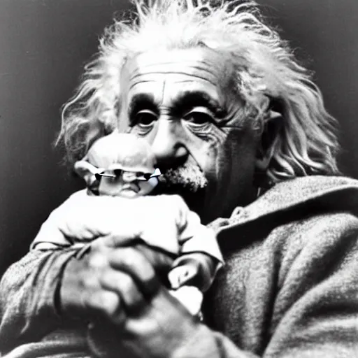 Prompt: sweet photo of Einstein holding baby yoda on his arm