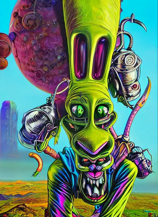 Prompt: bugs bunny as an apocalyptic scifi goblinish iridescent biker character, psychedelic vibrant colors, futuristic punk rock fashion, oil painting by michael whelan art, richard corben, perfect face, sharp focus, detailed eyes, realistic, 8 k