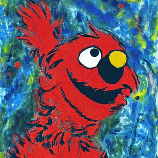 Prompt: painting of elmo by jackson pollock impressionist