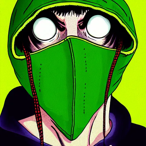 Image similar to portrait of programmer with green hood by junji ito