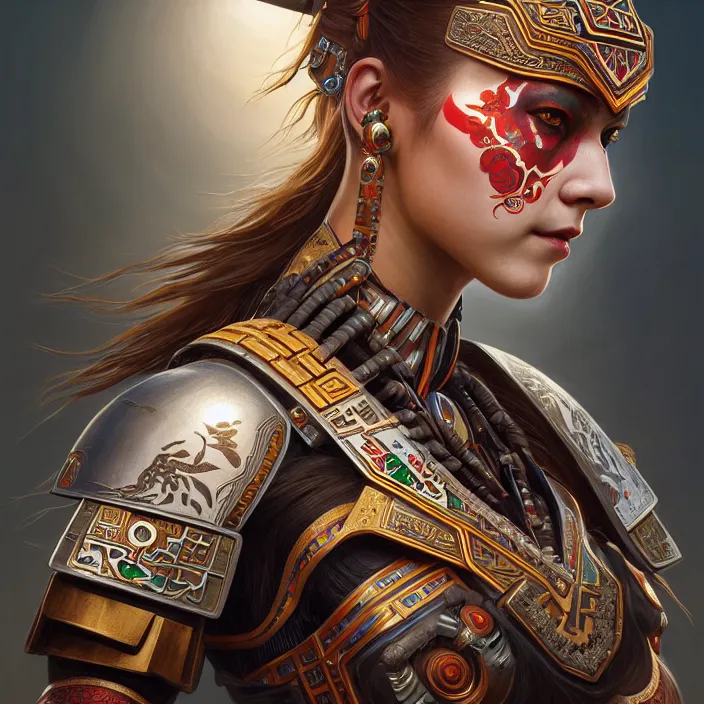 Image similar to symmetry! portrait of a caucasian female warrior, face decorated with chinese opera motifs, leds horizon zero dawn machine, intricate, elegant, highly detailed, digital painting, artstation, concept art, smooth, sharp focus, illustration, art by artgerm and greg rutkowski and alphonse mucha, 8 k