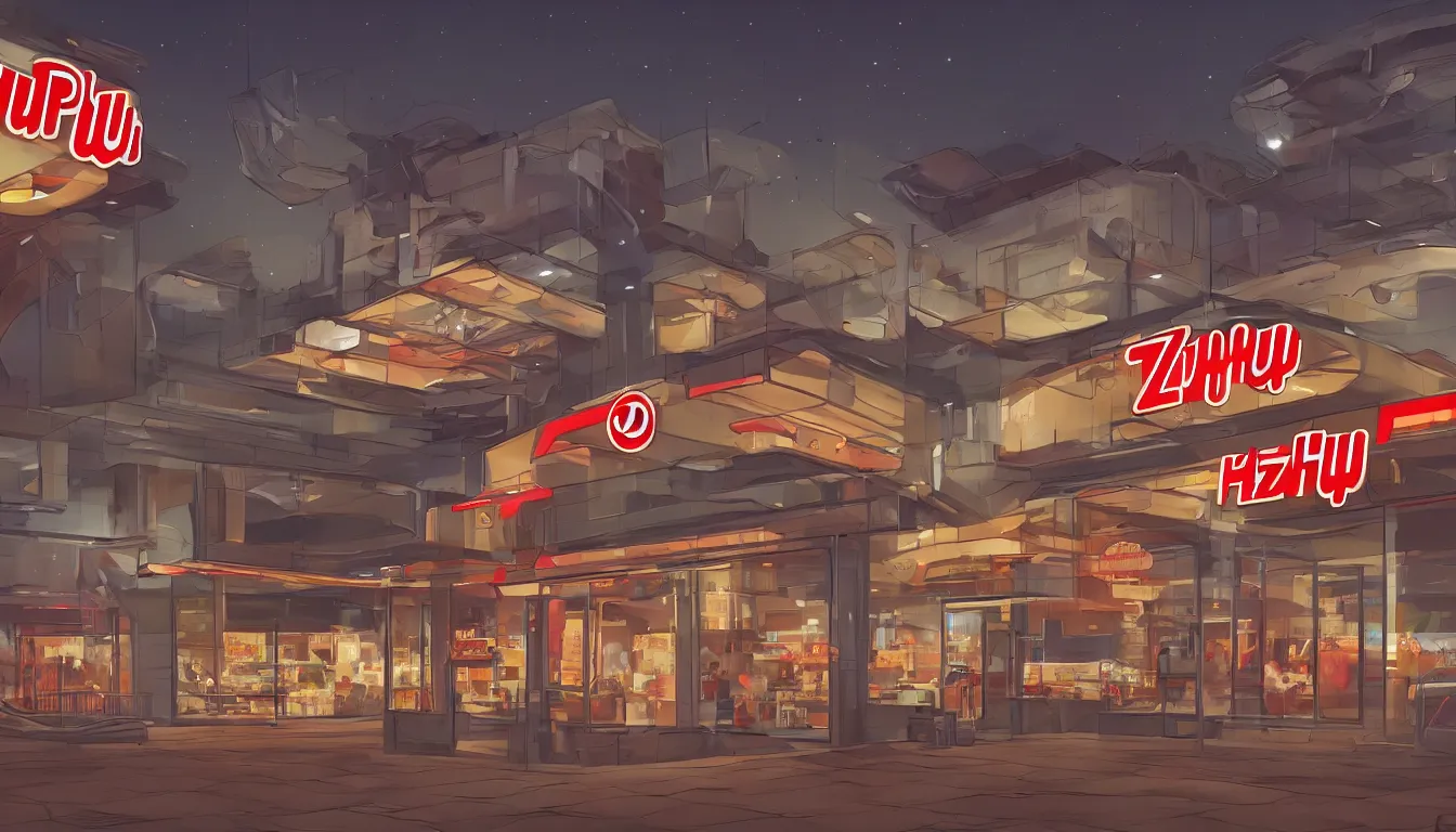 Prompt: futuristic Pizza Hut at night, trending on artstation