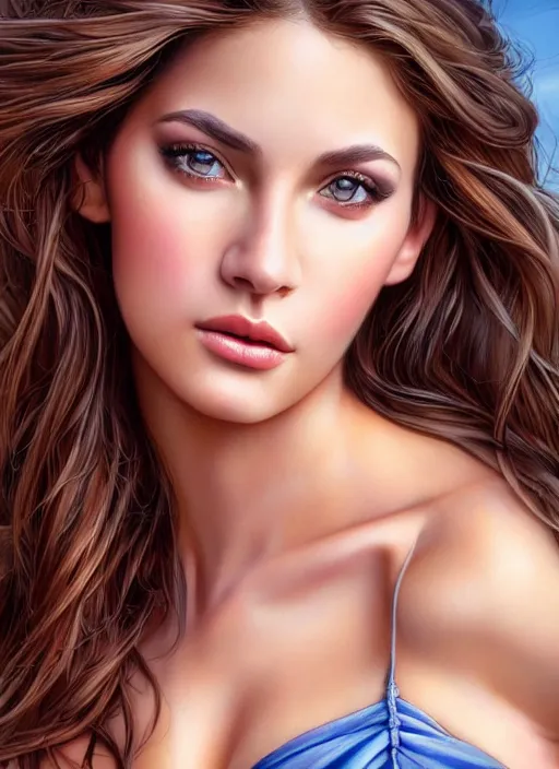 Prompt: a gorgeous greek female photo, professionally retouched, muted colors, soft lighting, realistic, smooth face, full body shot, torso, dress, perfect eyes, sharp focus on eyes, 8 k, high definition, insanely detailed, intricate, elegant, art by j scott campbell and artgerm and mark hill