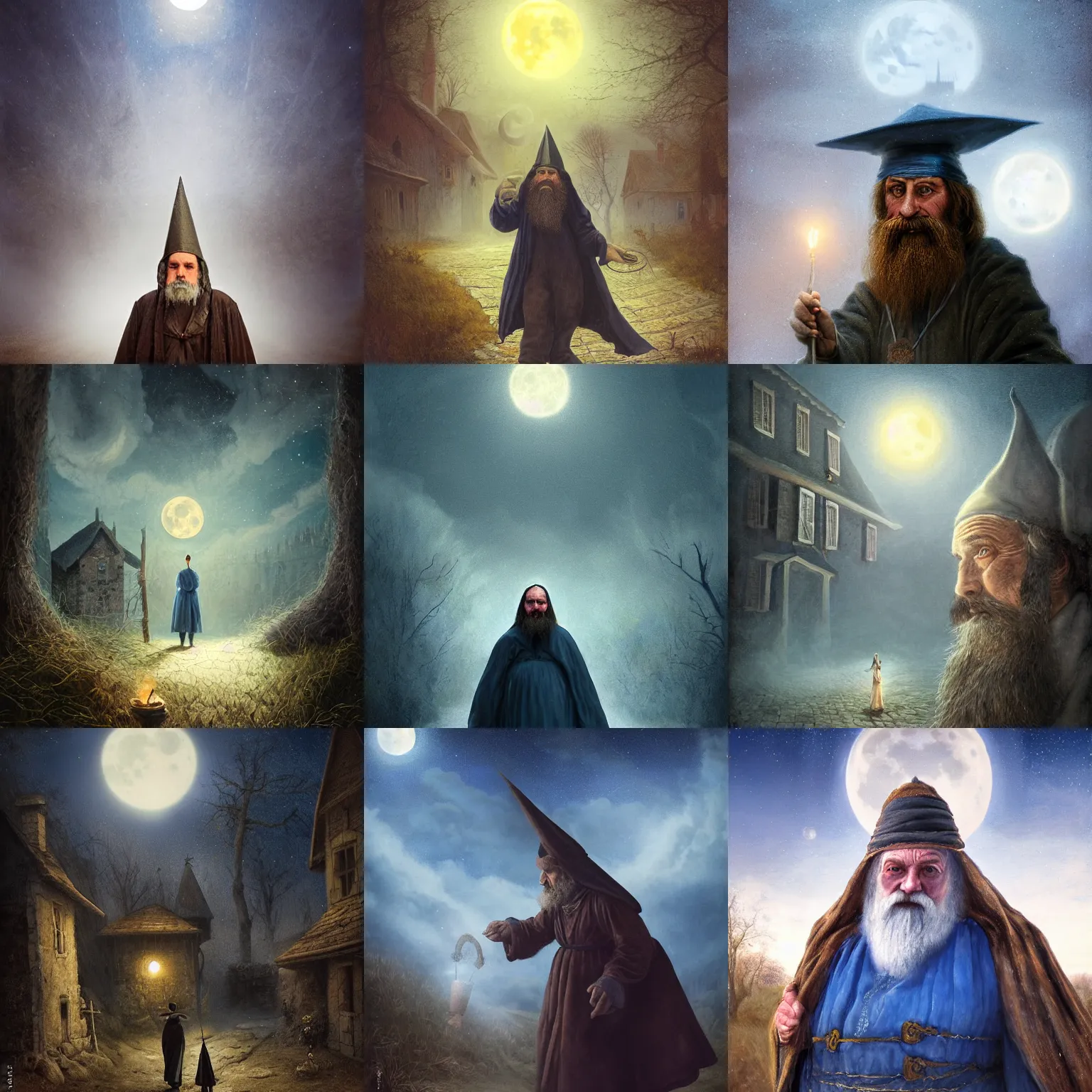 Prompt: portait of a 1 9 th century hungarian wizard in a hungarian village. atmospherical, full moon, blue tones, magical, natural lighting, dust, soft focus, oil canvas by munkacsi, greg rutkowsk, marc simonetti, hollosy simon and da vinci
