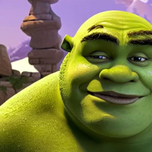 Image similar to shrek looking at his phone in his swamp