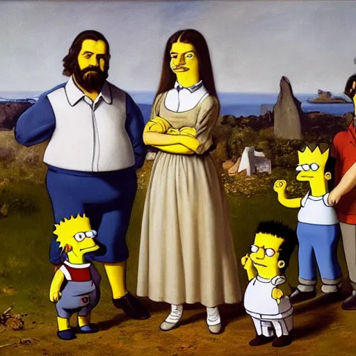 Prompt: oil on canvas painting by gustave courbet [ 1 8 6 6 ] of the simpsons family, 8 k, 4 k