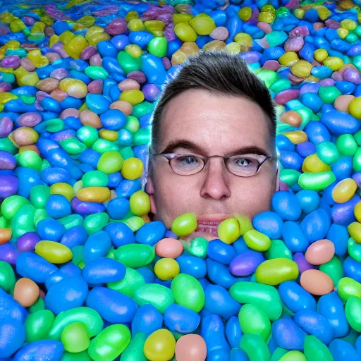 Prompt: A man swimming in a sea of jelly beans