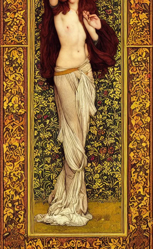 Image similar to full body reclining masterpiece of preraphaelite portrait photography, brown hair fringe, yellow ochre ornate medieval dress, william morris and kilian eng and mucha, framed, 4 k