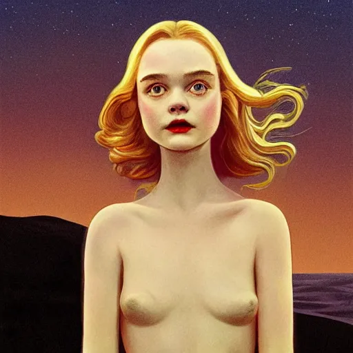 Prompt: Elle Fanning, head and shoulders masterpiece, apocalypse, golden hour, cosmic horror, artstation, in the style of Art Deco and Edward Hopper and Bosch, extremely detailed