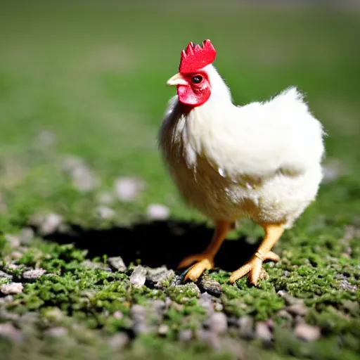 Prompt: a miniature chicken, tilt shift, depth of field