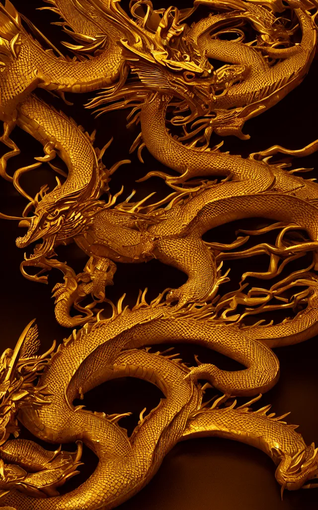 Prompt: depicting a golden dragon. hyper - real, ultra realistic, dark atmosphere, cinematic, 8 k, octane render