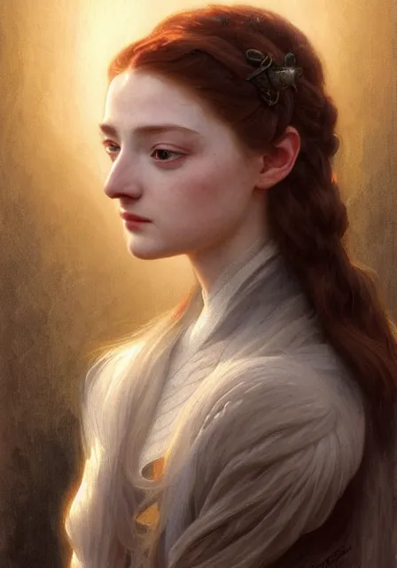 Image similar to portrait of little bird sansa stark, intricate, elegant, highly detailed, digital painting, artstation, concept art, smooth, sharp focus, illustration, art by artgerm and greg rutkowski and alphonse mucha and william - adolphe bouguereau