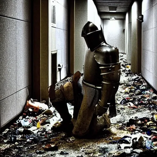 Image similar to “A knight in armor kneeling and praying. The knight is in the center abandoned small server room with server racks and server cables hanging everywhere. The ground of the room is littered and covered with garbage and debris. The walls are filthy. It is dark and there are no lights. Amateur photo. Flash photo.”