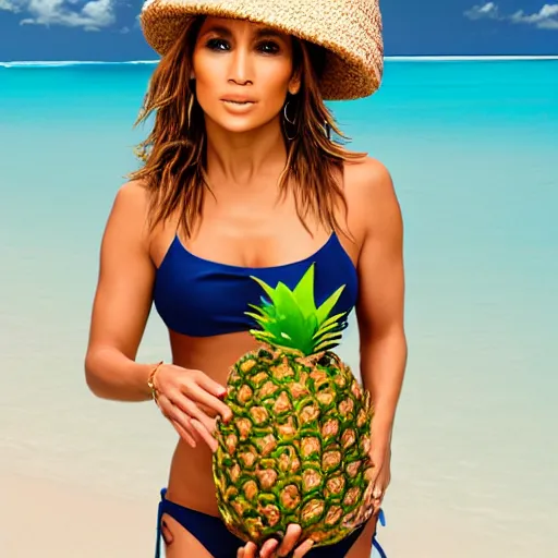 Image similar to j - lo, with two coconuts bikini and a pineapple as a hat, professional photography, photoshop