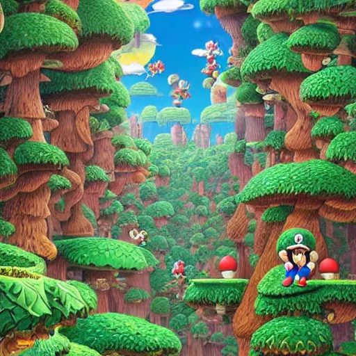 Prompt: mario looks at a stunning fairy landscape with the mushroom kingdom from super mario bros in the middle of the forest, ornate, intricate, in the style of miyazaki, studio ghibli, hyper detailed