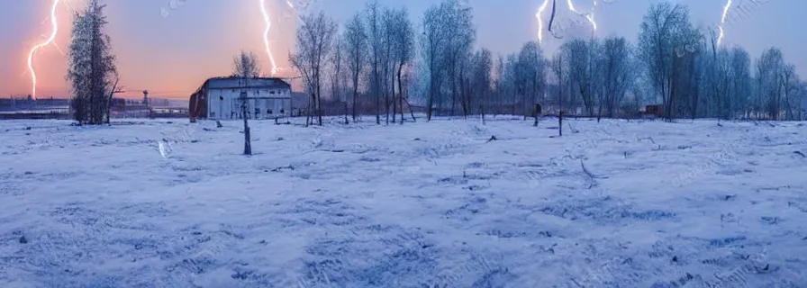 Prompt: view on sleeping district in province russian town at morning sunrise, doomer romantic lightning, squared buildings, trees