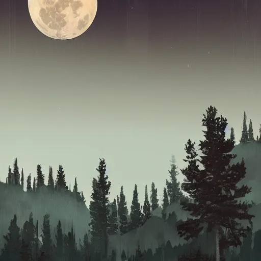 Image similar to rocky mountains at night, by ismail inceoglu, large full moon centered in the background, pine trees, digital art, illustration, detailed, spooky, gloomy, 8 k render