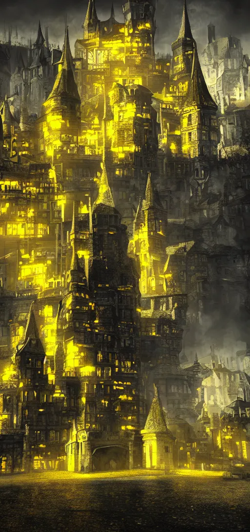 Image similar to A digital concept art painting of a black and yellow renacentis fantasy european ghotic castle with black brick in a city renacentis, 4K UHD image, unreal engine, Graphic Novel, Visual Novel