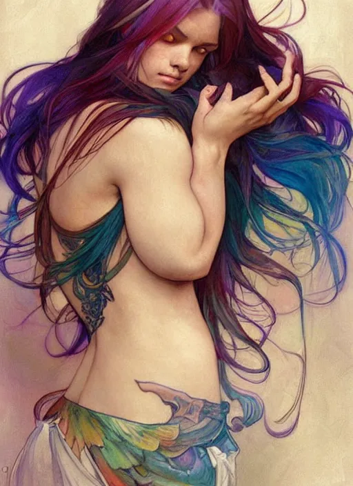 Image similar to a young woman with beautiful rainbow hair and lots of tattoos on her arms and chest. beautiful painting by artgerm and greg rutkowski and alphonse mucha