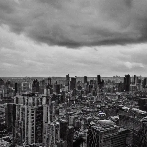 Prompt: analog photograph of skycrapers, post apocalyptic, big clouds visible, nature has taken over the city, abandoned, greyscale, film grain, bokeh, depth of field