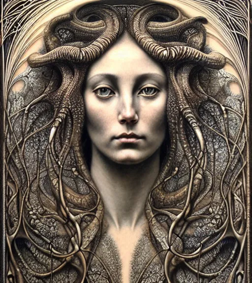 Prompt: detailed realistic beautiful caracal goddess face portrait by jean delville, gustave dore, iris van herpen and marco mazzoni, art forms of nature by ernst haeckel, art nouveau, symbolist, visionary, gothic, neo - gothic, pre - raphaelite, fractal lace, intricate alien botanicals, ai biodiversity, surreality, hyperdetailed ultrasharp octane render