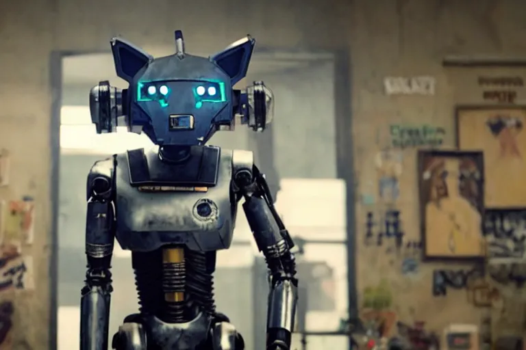 Image similar to film still from the movie chappie of the robot chappie furry anthro anthropomorphic stylized cat ears head android service droid robot machine fursona