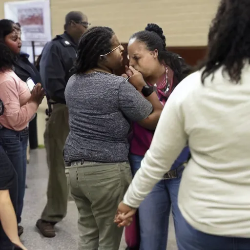 Image similar to a mom accused of bullying at aa farm in suburban chicago, illinois, tuesday, septembera & m holds hands on prompt hearing by hundreds of migrants and their communities at large in wisconsin and illinois. style of stormy beings