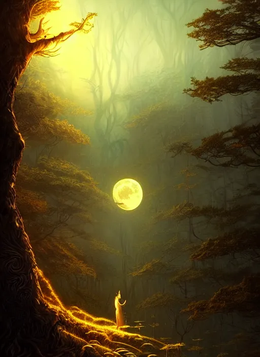 Image similar to fantasy book cover, full moon, fantasy forest landscape, golden vector elements, fantasy magic, dark light night, intricate, elegant, sharp focus, illustration, highly detailed, digital painting, concept art, matte, art by WLOP and Artgerm and Albert Bierstadt, masterpiece
