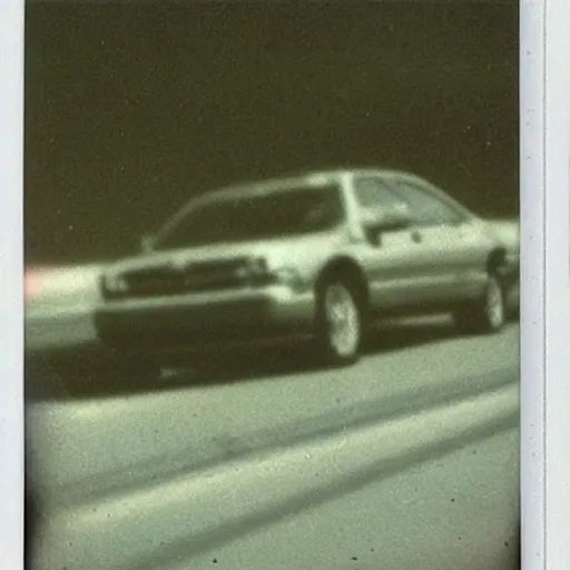 Image similar to found polaroid picture, flash, mutant creature in the middle of a deserted highway, eerie