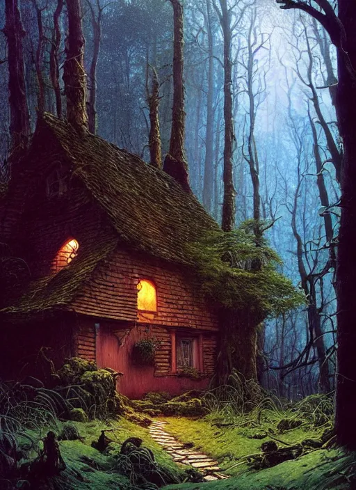 Image similar to hyper realistic witch cottage with mood lighting and technology in the woods gorgeous lighting, sunbeams blue sky, highly detailed, lush forest foliage painting by zdzisław beksinski and norman rockwell and greg rutkowski weta studio, and lucasfilm