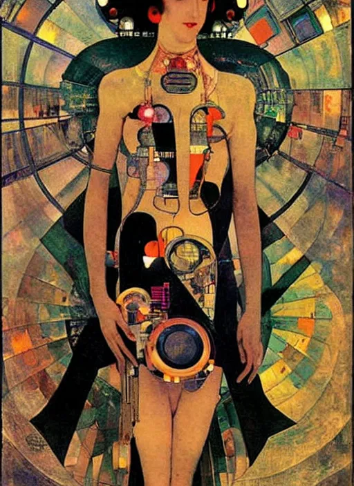 Image similar to cute punk goth fashion fractal alien martian girl wearing kimono made of circuits and leds, surreal Dada collage by Man Ray Kurt Schwitters Hannah Höch Alphonse Mucha