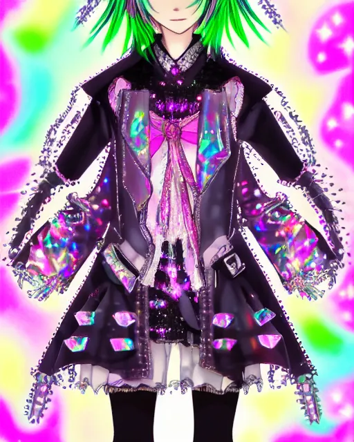 Image similar to a hologram of decora styled yotsuba koiwai wearing a gothic spiked jacket, holography, irridescent, baroque visual kei decora art