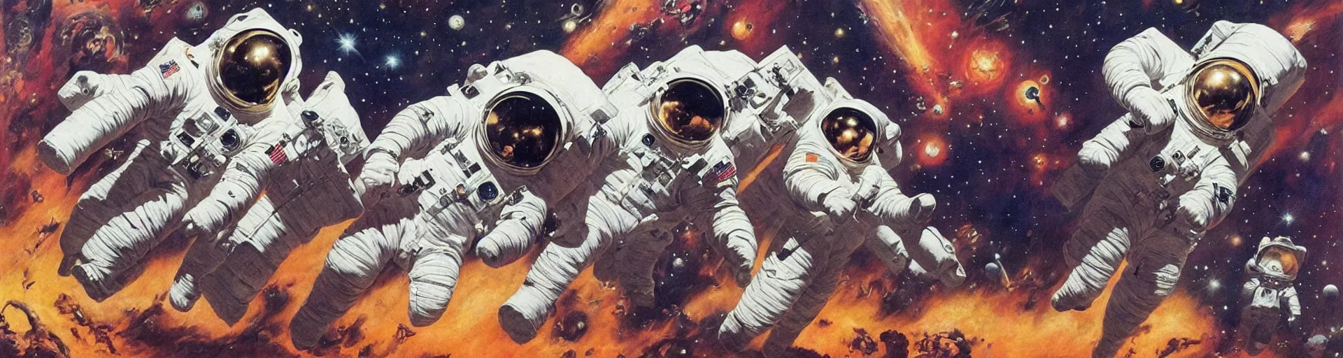 Prompt: astronauts playing music in the space by frank frazetta