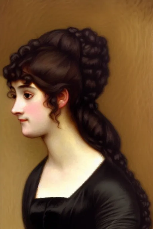 Image similar to jane austen black long hair, painting by rossetti bouguereau, detailed art, artstation