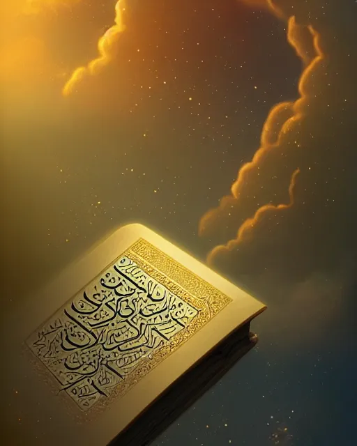 Image similar to the quran descending from the galaxy into clouds highly detailed, gold filigree, romantic storybook fantasy, soft cinematic lighting, award, pastel color palette, featured on artstation, digital art