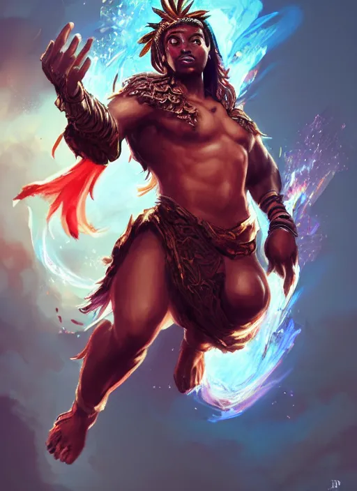 Image similar to a highly detailed illustration of attractive young african fire god with short hair, flaming feet and hands, heroic jumping pose, intricate, elegant, highly detailed, centered, digital painting, artstation, concept art, smooth, sharp focus, league of legends concept art, wlop