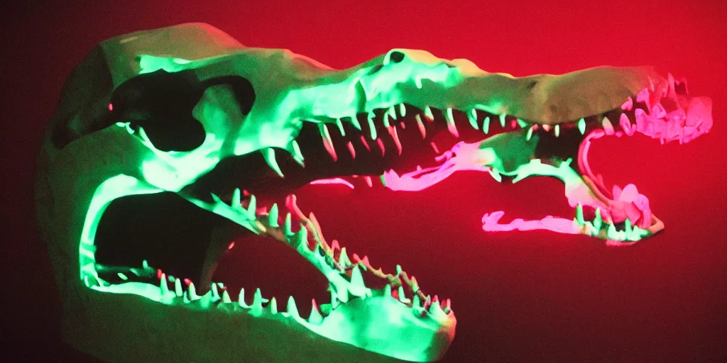 Image similar to screaming t - rex skull made of neon light ektachrome photograph, volumetric lighting, f 8 aperture, cinematic eastman 5 3 8 4 film