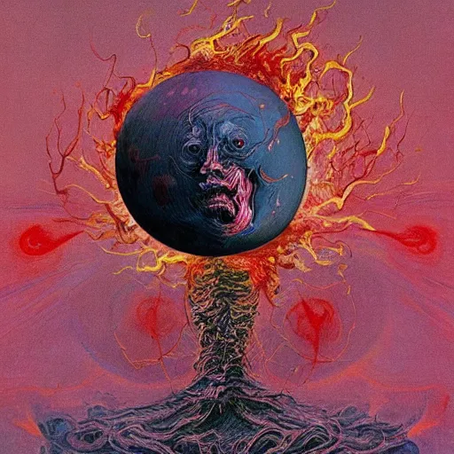 Image similar to a sphere being devoured by abstract splatters of paint in the style of francis bacon, venus being engulfed in flames in the style of james jean, surreal, beksinski, high detailed