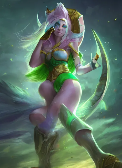 Image similar to silly soraka, from league of legends, health supporter, hyper detailed, green aura in wand, au naturel, digital art, trending in artstation, cinematic lighting, studio quality, smooth render, unreal engine 5 rendered, octane rendered, art style by klimt and nixeu and ian sprigger and wlop and krenz cushart