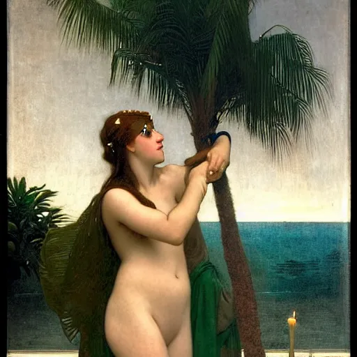 Image similar to Girl with a blood dripping chalice at the palace, thunderstorm, pool, beach and palm trees on the background major arcana sky, by paul delaroche, alphonse mucha and arnold böcklin arnold böcklin hyperrealistic 8k, very detailed