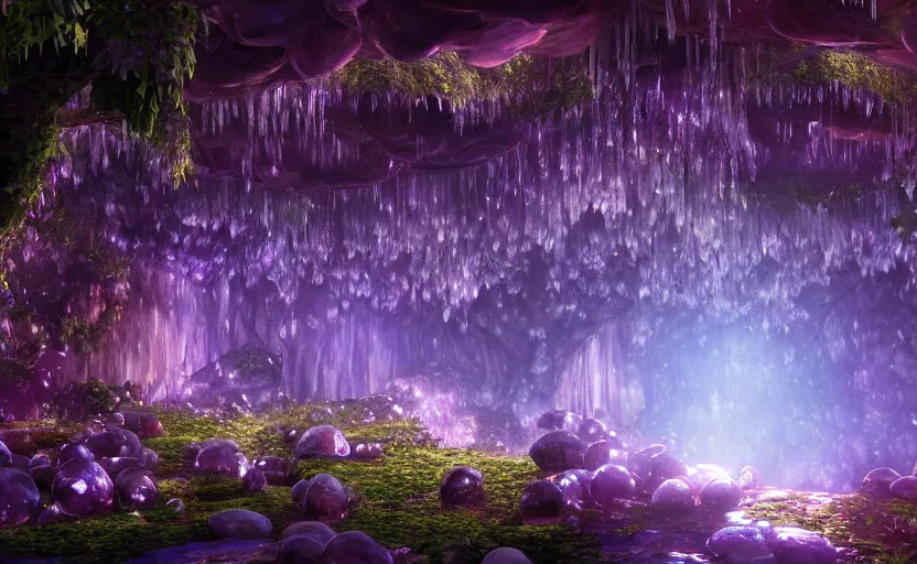 Prompt: a beautiful and stunning digital render of a humongous crystal cave, dimly glowing mushrooms, vines, haze, waterfall, volumetric lighting, photorealistic, unreal engine 5, ultra detail, trending on artstation