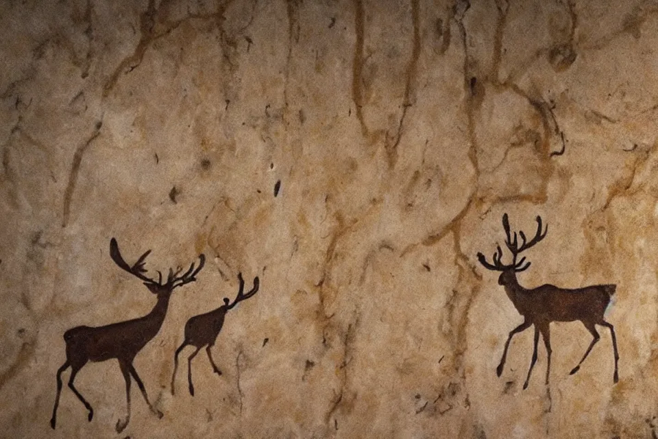 Image similar to a cave painting of a deer and r 2 - d 2. lascaux cave paintings, chauvet