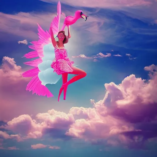 Prompt: goddess wearing a flamingo fashion on the clouds, photoshop, colossal, creative, giant, digital art, photo manipulation, clouds, sky view from the airplane window
