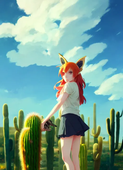 Image similar to portrait of cute redhead girl with fox ears, holding a cactus, cloudy sky background lush landscape illustration concept art anime key visual trending pixiv fanbox by wlop and greg rutkowski and makoto shinkai and studio ghibli