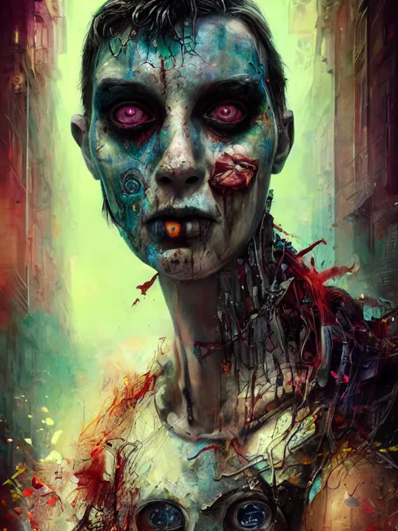 Image similar to art portrait of a zombie ,8k,by tristan eaton,Stanley Artgermm,Tom Bagshaw,Greg Rutkowski,Carne Griffiths,trending on DeviantArt,face enhance,hyper detailed,minimalist,cybernetic, android, blade runner,full of colour,