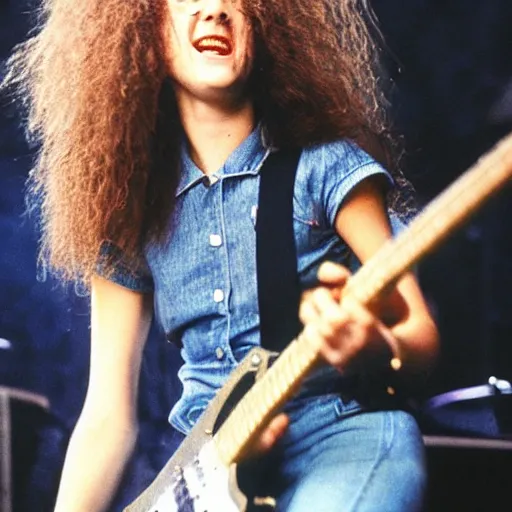 Image similar to 19-year-old girl wearing double denim, thick shaggy hair, permed hair, holding electric guitar, 1971, proto-metal concert, live at Royal Albert Hall, concert lighting