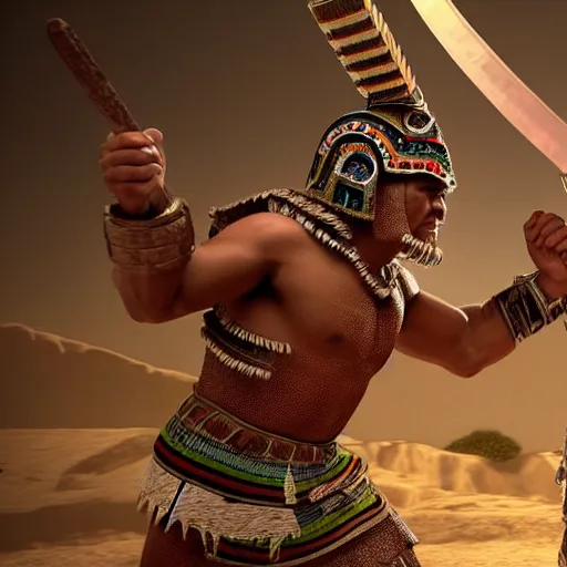 Prompt: a mayan warrior fighting a priest, high quality CG render, 4K